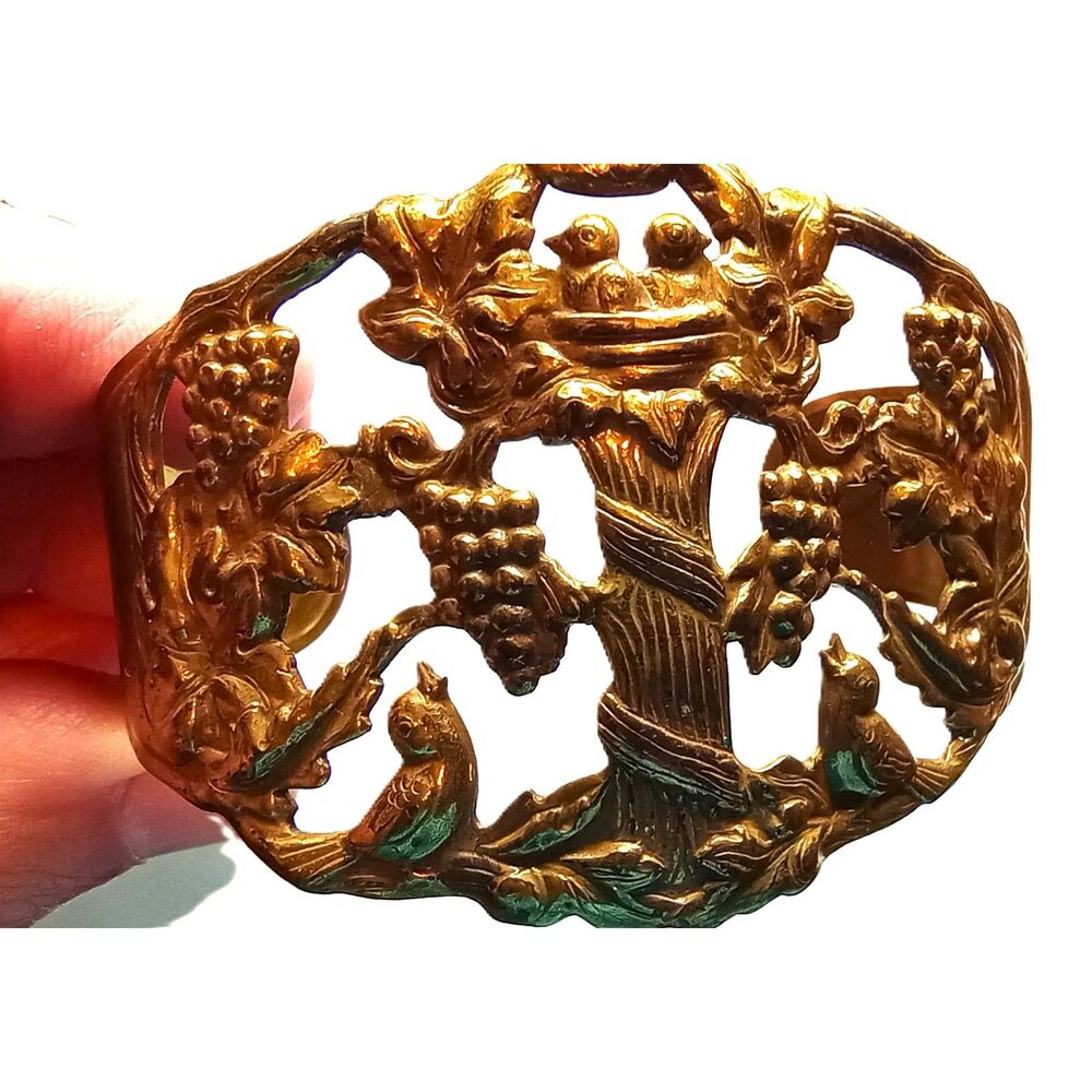 Vintage brass cuff bracelet Art Nouveau grapevine birds nested adjustable size 7